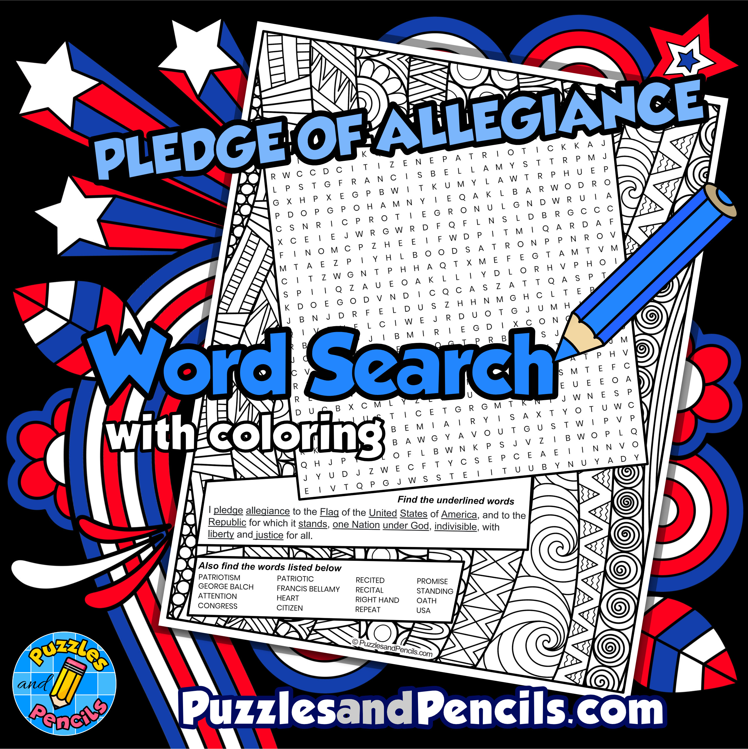 Pledge of allegiance word search puzzle activity page with coloring made by teachers
