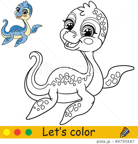 Cartoon baby plesiosaur coloring book page vector