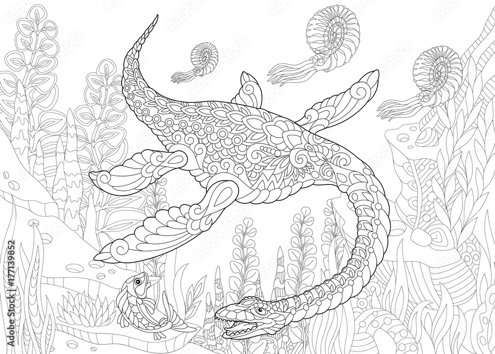 Coloring page of plesiosaurus dinosaur of the mesozoic era freehand sketch drawing for adult antistress coloring book in zentangle style vector