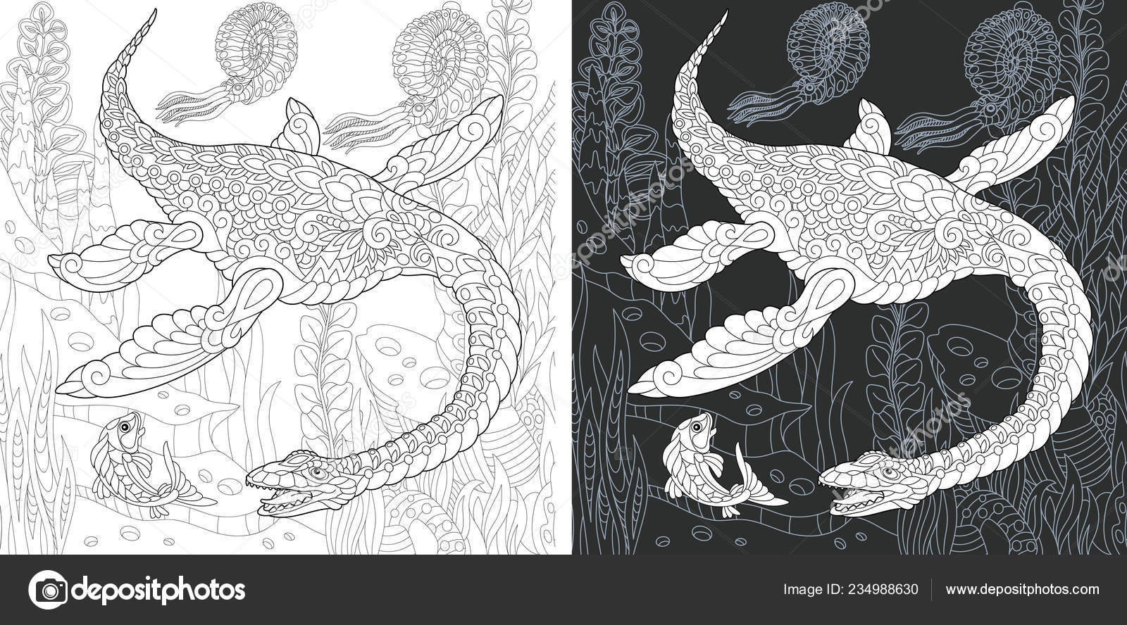 Coloring page dinosaur collection colouring picture plesiosaurus drawn zentangle style stock vector by sybirko