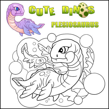 Cartoon cute dinosaur plesiosaurus coloring book funny illustration