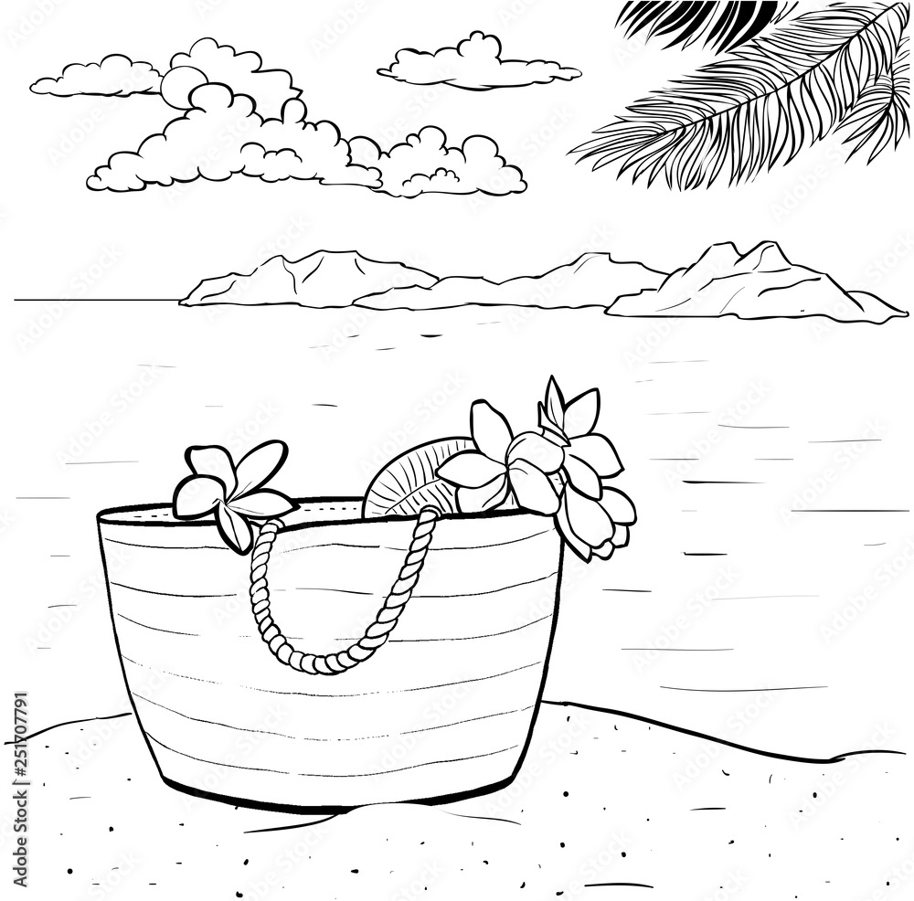 Bag with plumeria near sea and mountains