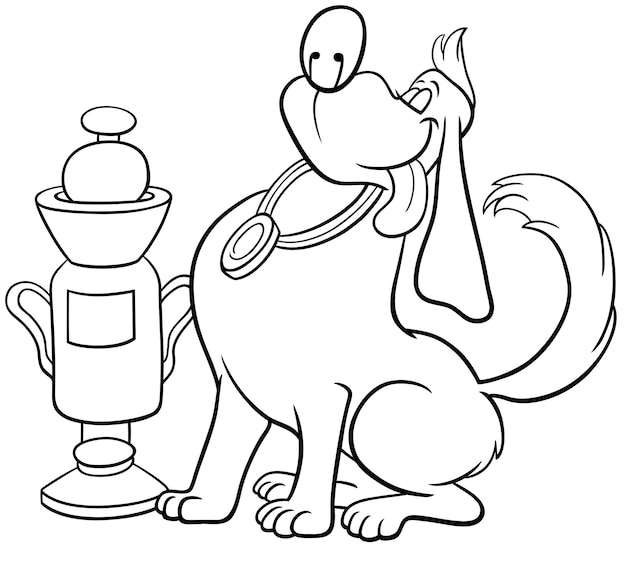 Premium vector cartoon dog with a cup from the dog show coloring page