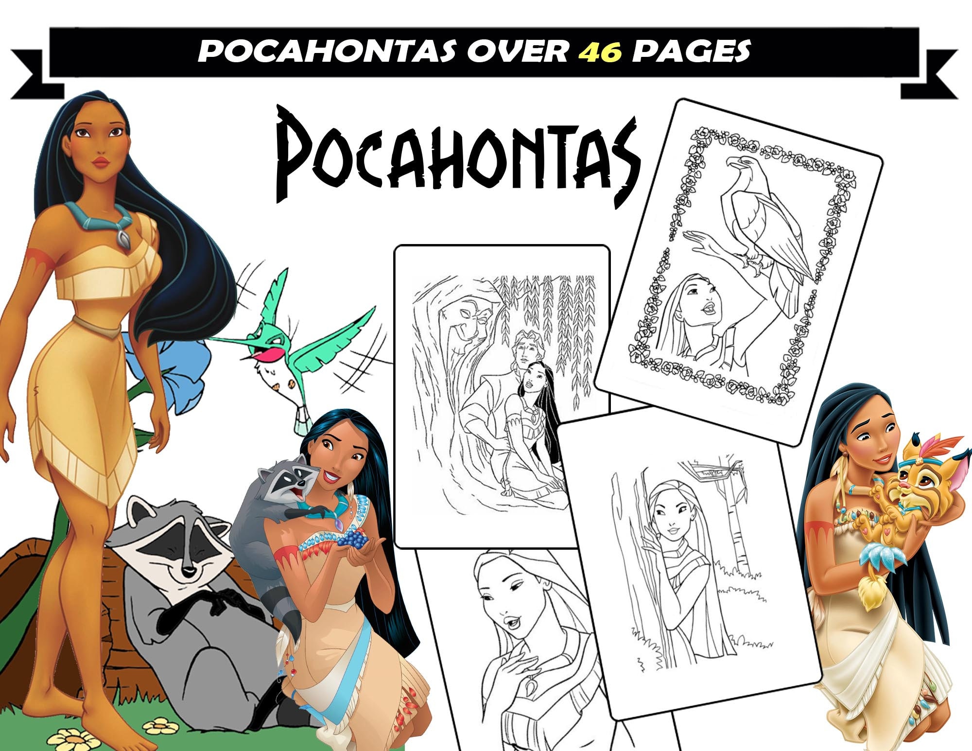 Pocahontas meeko john smith cartoon characters coloring pages for girls princess coloring sheets instant download coloring book children
