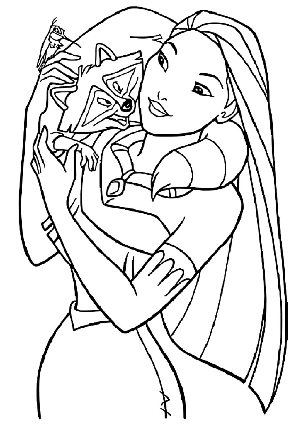 Free printable pocahontas raccoon coloring page for adults and kids