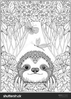 Cute sloth in forest coloring page for adults shutterstock animal coloring pages coloring pictures coloring pages