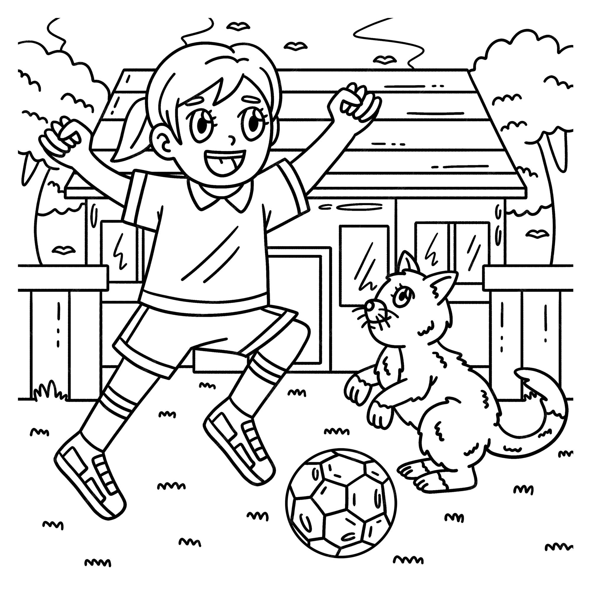 Premium vector a cute and funny coloring page of a girl and cat playing soccer provides hours of coloring fun for children to color this page is very easy suitable for