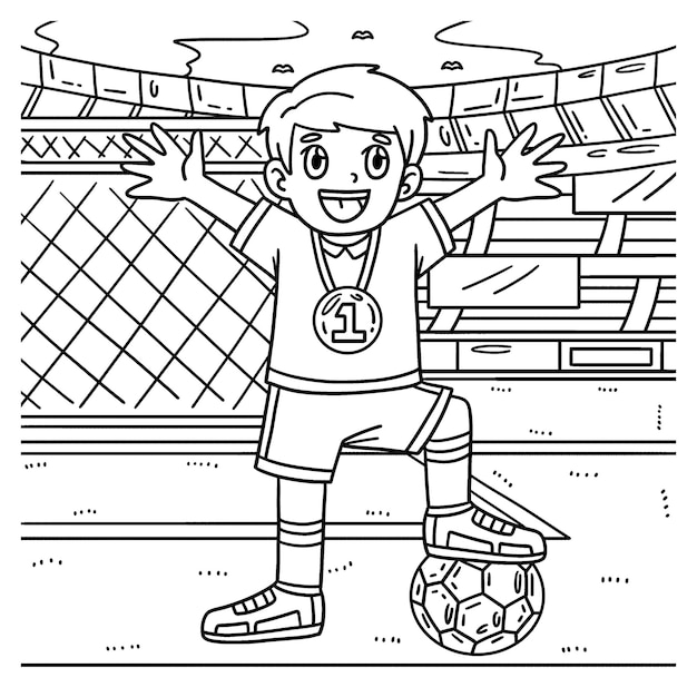 Premium vector a cute and funny coloring page of a soccer boy wearing medal provides hours of coloring fun for children to color this page is very easy suitable for little