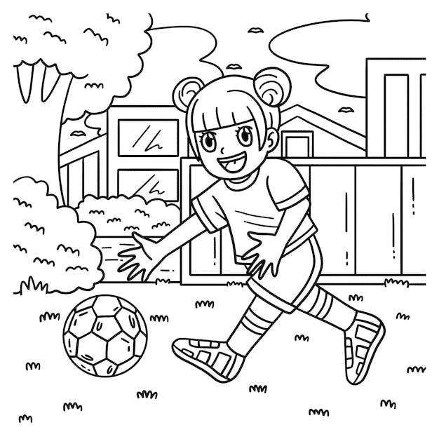 Premium vector it a cute and funny coloring page of a girl picking a soccer ball provides hours of coloring fun for children to color this page is very easy suitable