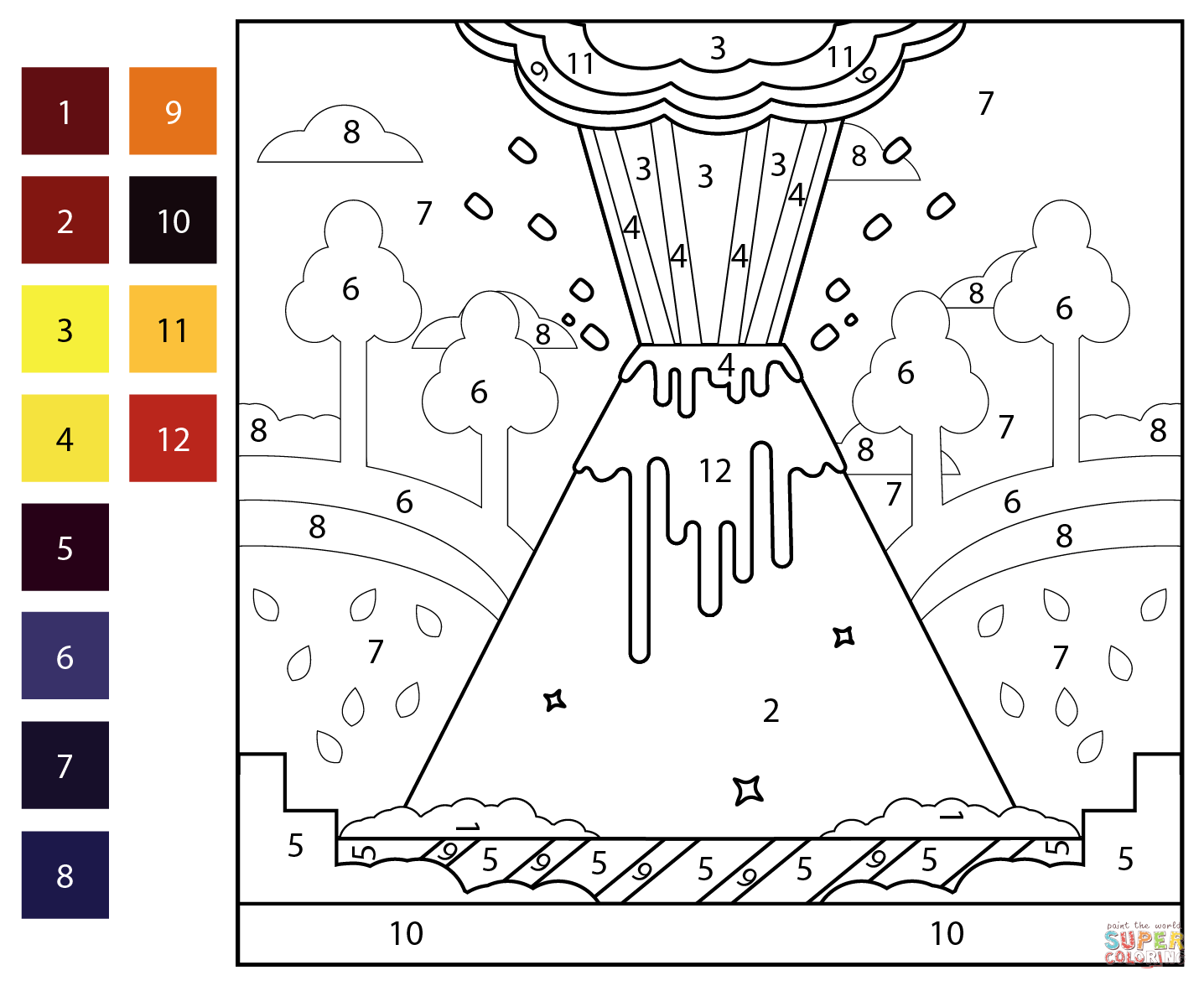 Volcano color by number free printable coloring pages