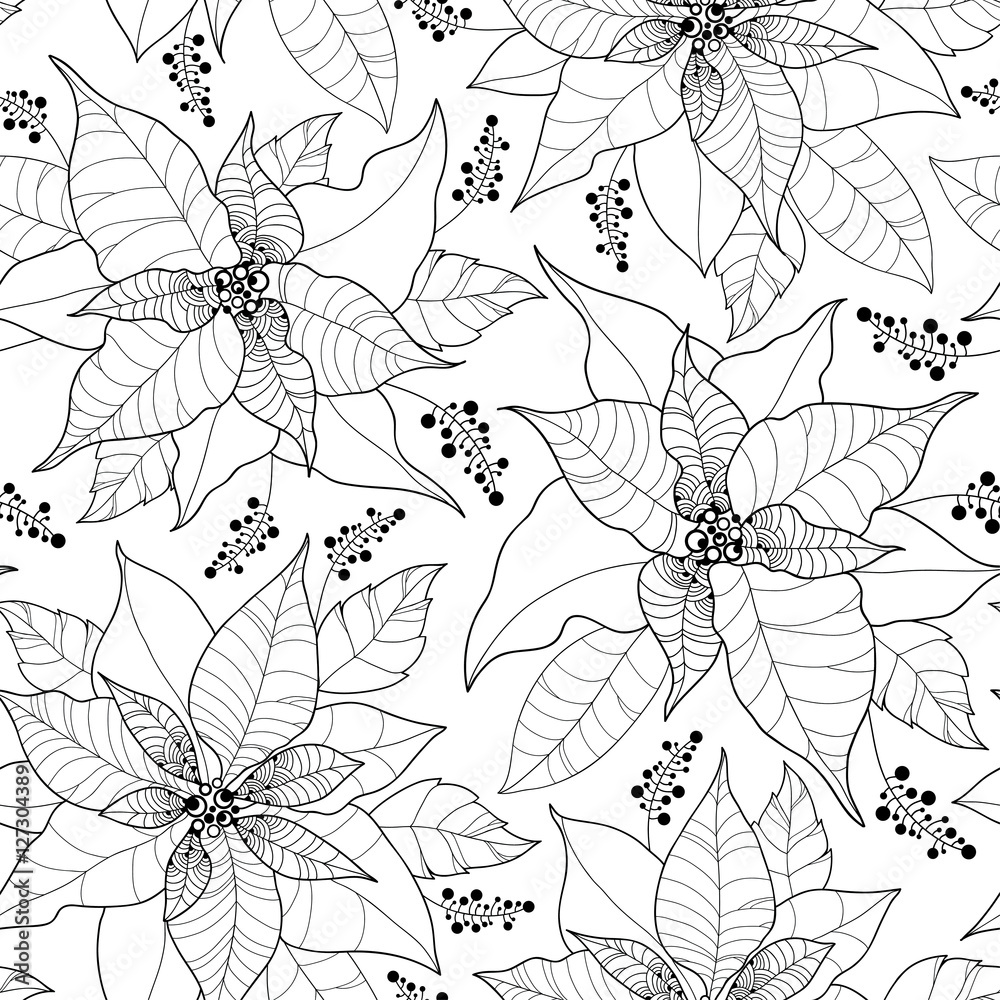 Vector seamless pattern with contour poinsettia flower or christmas star on the white background outline floral artwork ornate flowers and leaves for traditional christmas design and coloring book vector