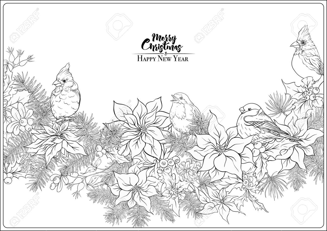 Christmas wreath of spruce pine poinsettia and winter birds coloring page for the adult coloring book outline hand drawing vector illustration royalty free svg cliparts vectors and stock illustration image