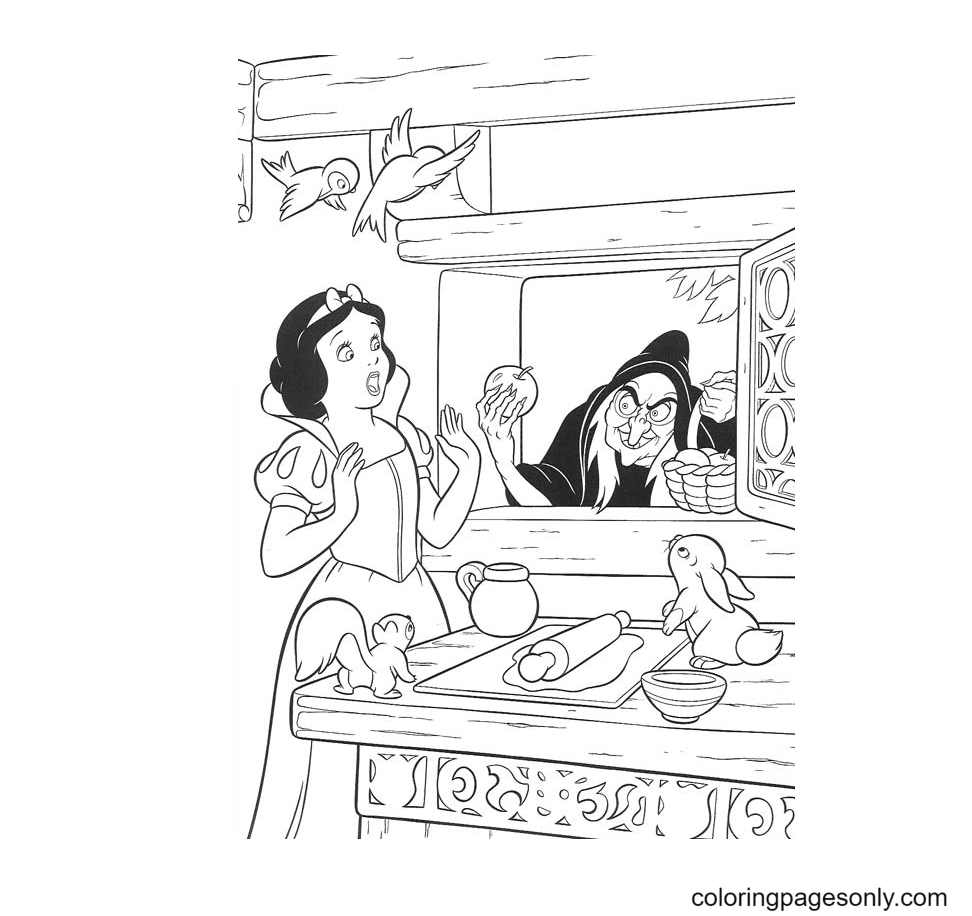 The wicked witch gives poison apples to snow white coloring pages