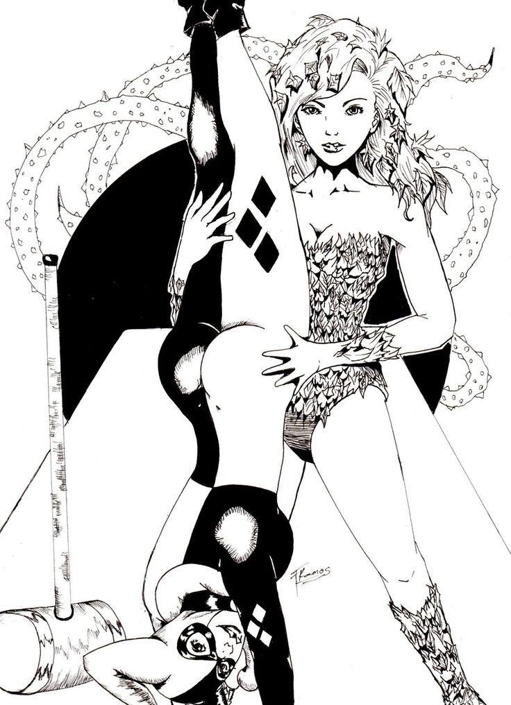 Poison ivy and harley quinn adult doodle art coloring pictures black and white drawing