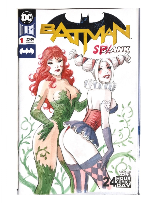 Enrico marini poison ivy and harley quinn color on blank in t cheungs nycc ic art gallery room