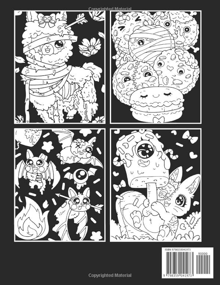 Midnight creep kawaii creatures coloring books cute creepy coloring pages on black background with many illustrations for fans of all ages to relax and relieve stress haworth zoey