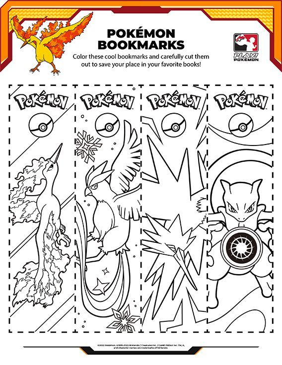 Craft a pokãmon bookmark with moltres and friends pokemon bookmark pokemon coloring pages pokemon craft