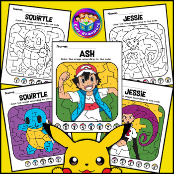 Pokãmon color by number printable math activities