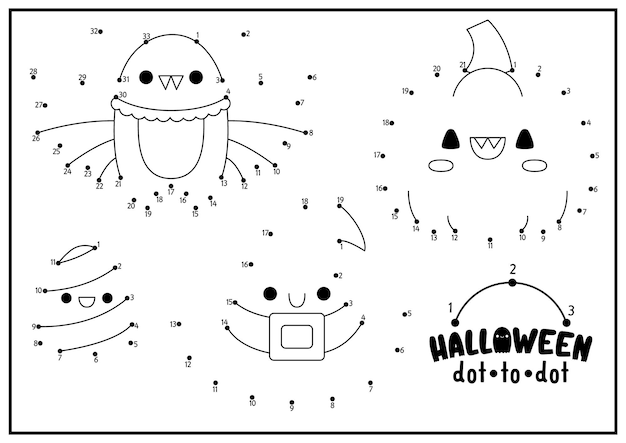 Premium vector vector halloween dottodot and color activity with cute kawaii characters autumn holiday connect the dots game for children all saints day coloring page for kids printable worksheet