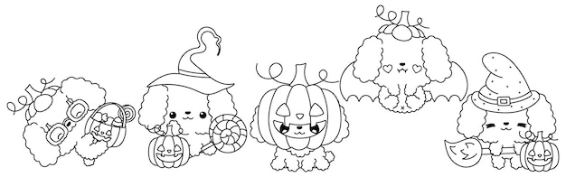 Premium vector set of kawaii halloween poodle dog coloring page collection of cute vector halloween dog outline