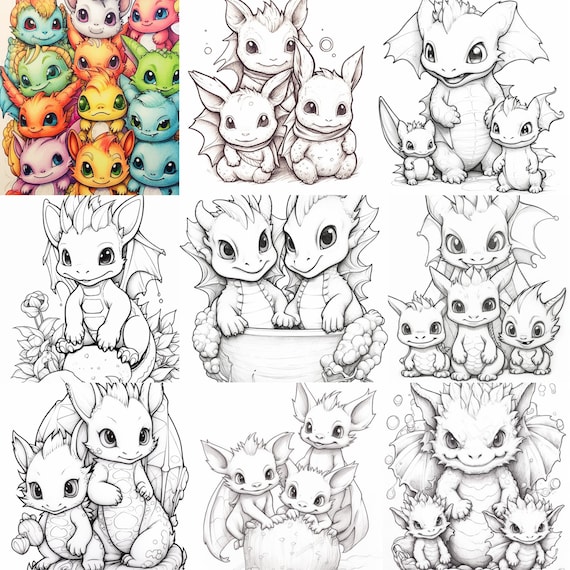 Kawaii baby dragon coloring pages to use or sell wall art templates canva insta template for digital wall art sales