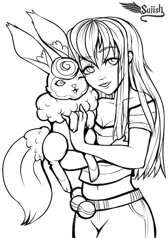 Pokemon eeveelution ocs ghost and fairy with trainers a adult anime colouring page instant download