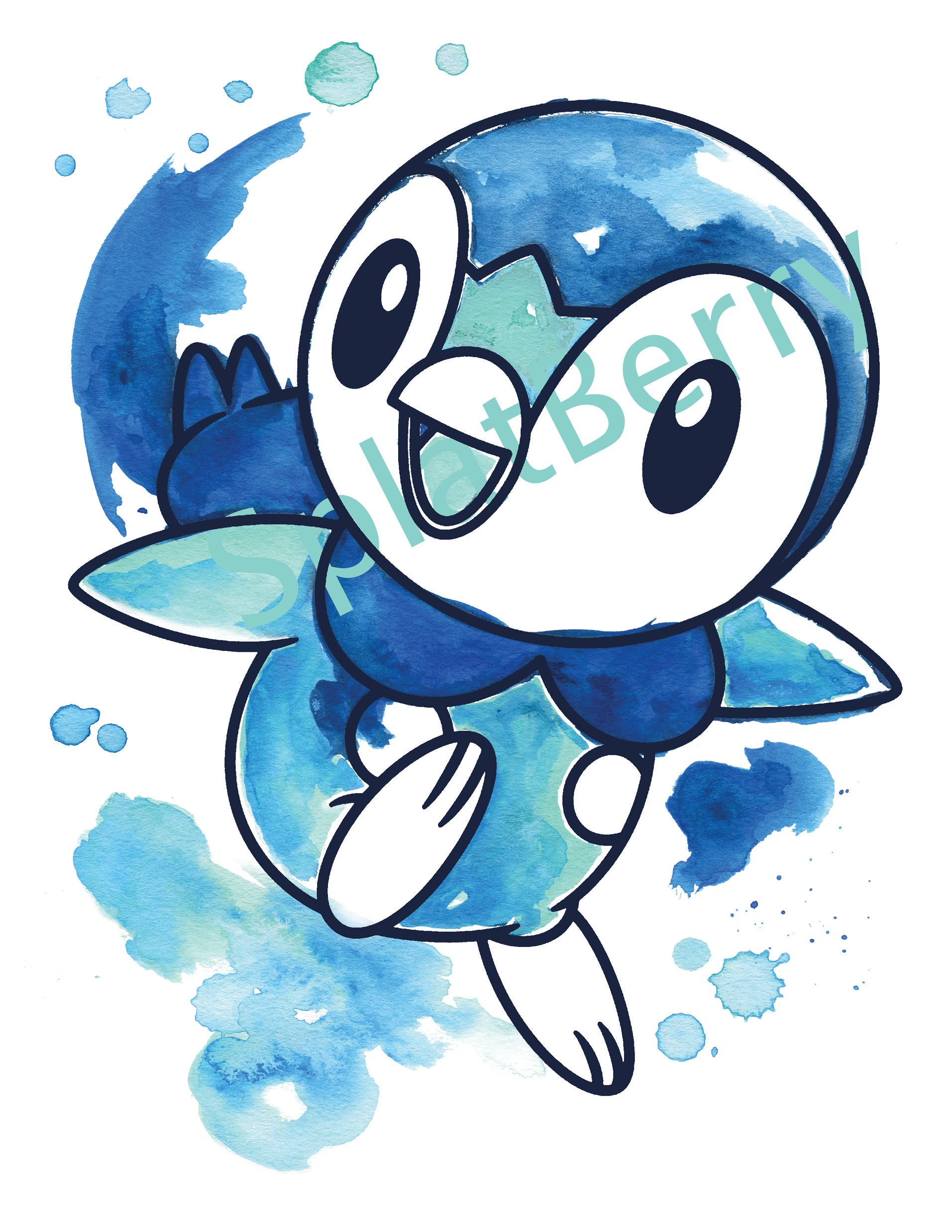 Cute printable pokemon instant download piplup watercolor splash blue or black outline photoshop layered