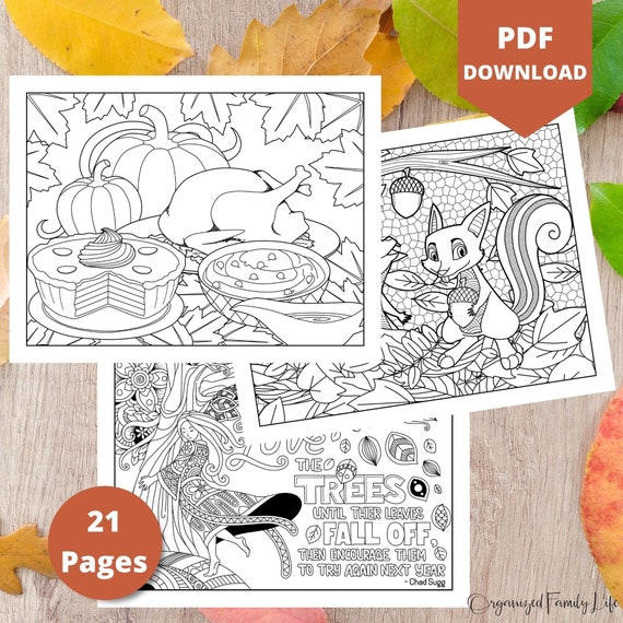 Fall and thanksgiving coloring pages instant download pdf printable