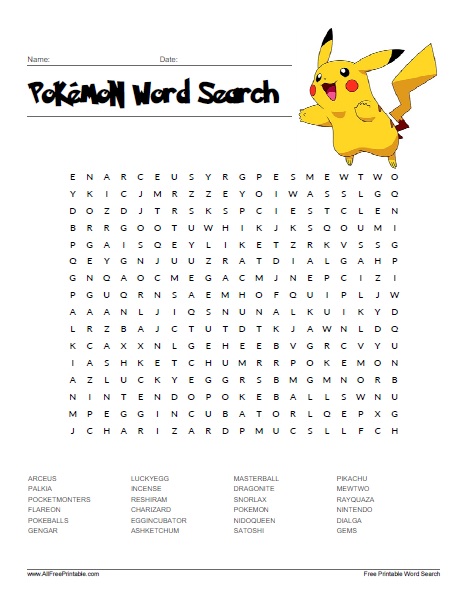 Pokemon word search â free printable