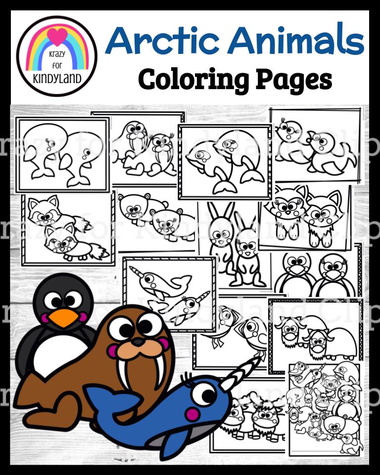 Arctic animals coloring pages booklet polar bear penguin fox hare wolf