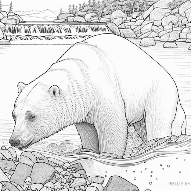 Premium ai image coloring pages of a polar bear in the water with rocks and trees generative ai
