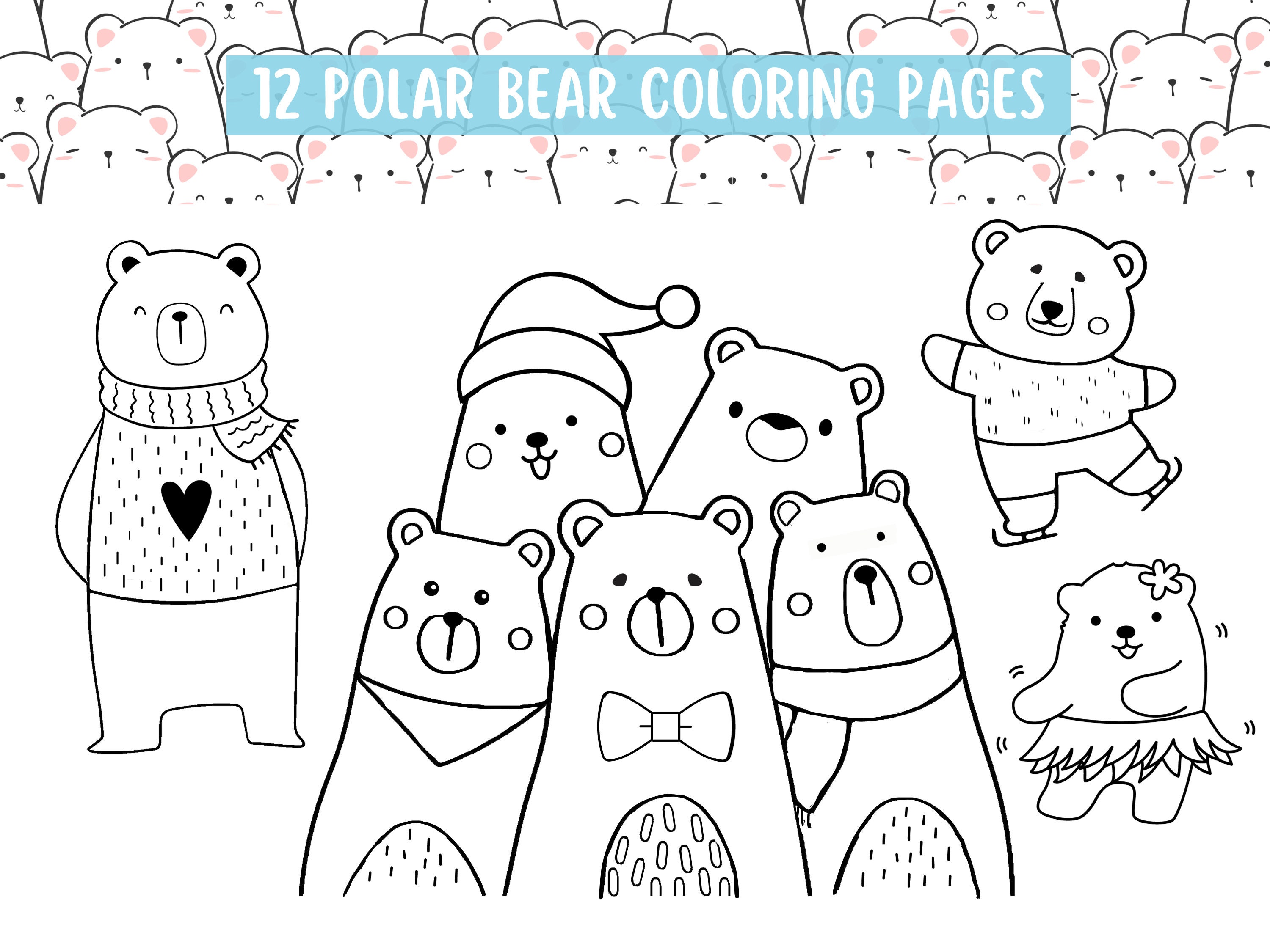 Polar bear coloring pages cute printable color sheets kids colouring pages easy coloring for girls and boys instant download