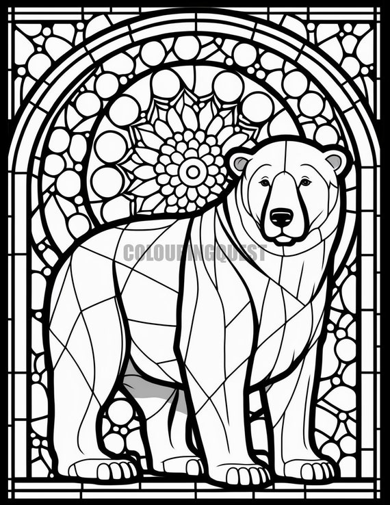 Polar bear stained glass printable adult coloring page from colouringquest coloring book pages for adults coloring pictures for kids
