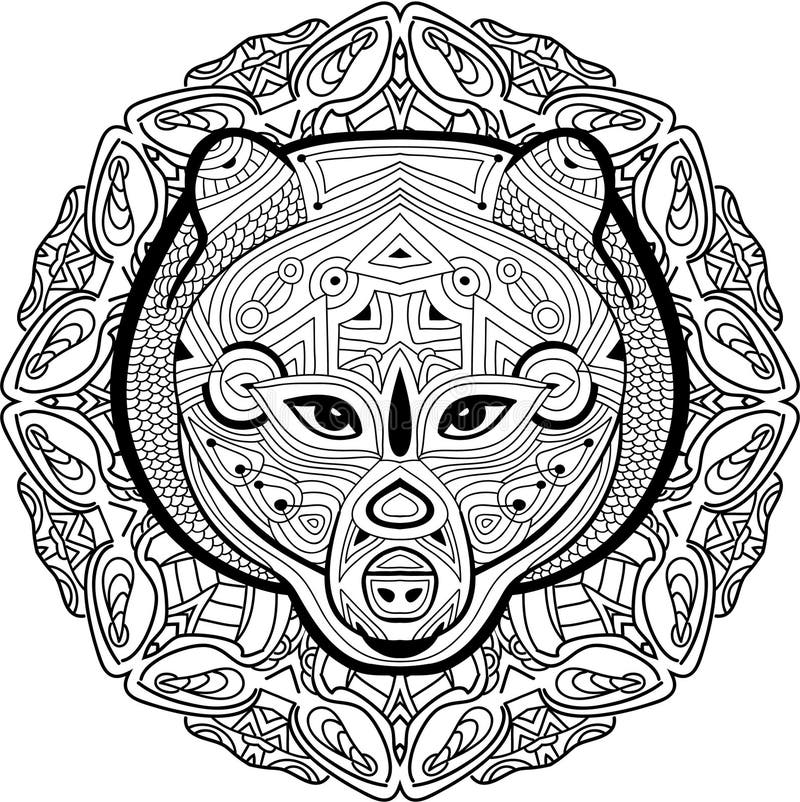 Element for your design national ethnic circular pattern with the head of a bear coloring page stock vector