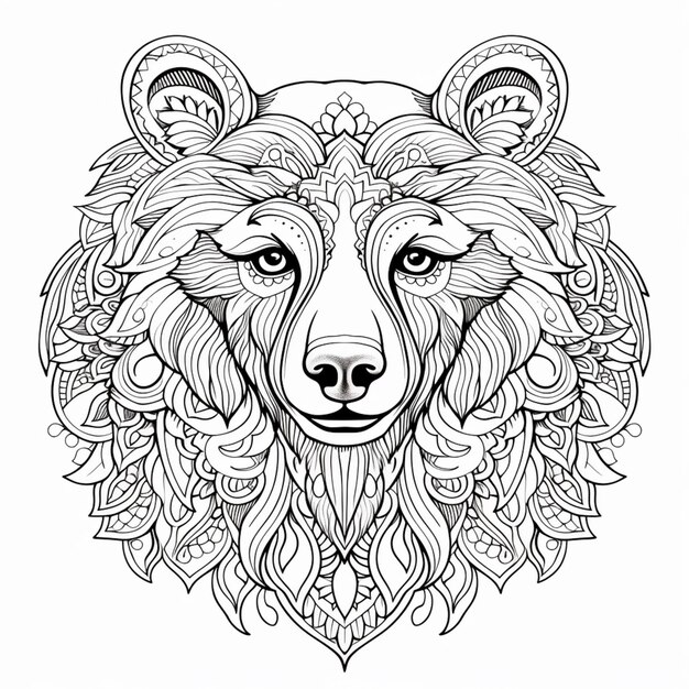 Premium ai image a coloring page with a bears head and a floral pattern generative ai