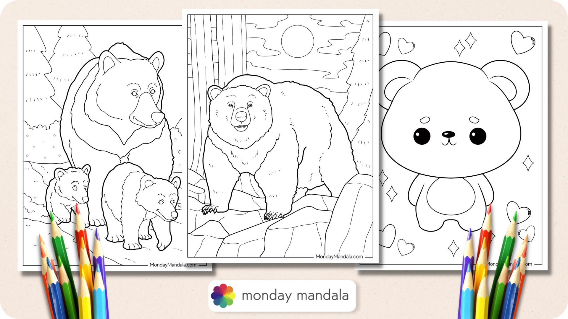 Bear coloring pages free pdf printables