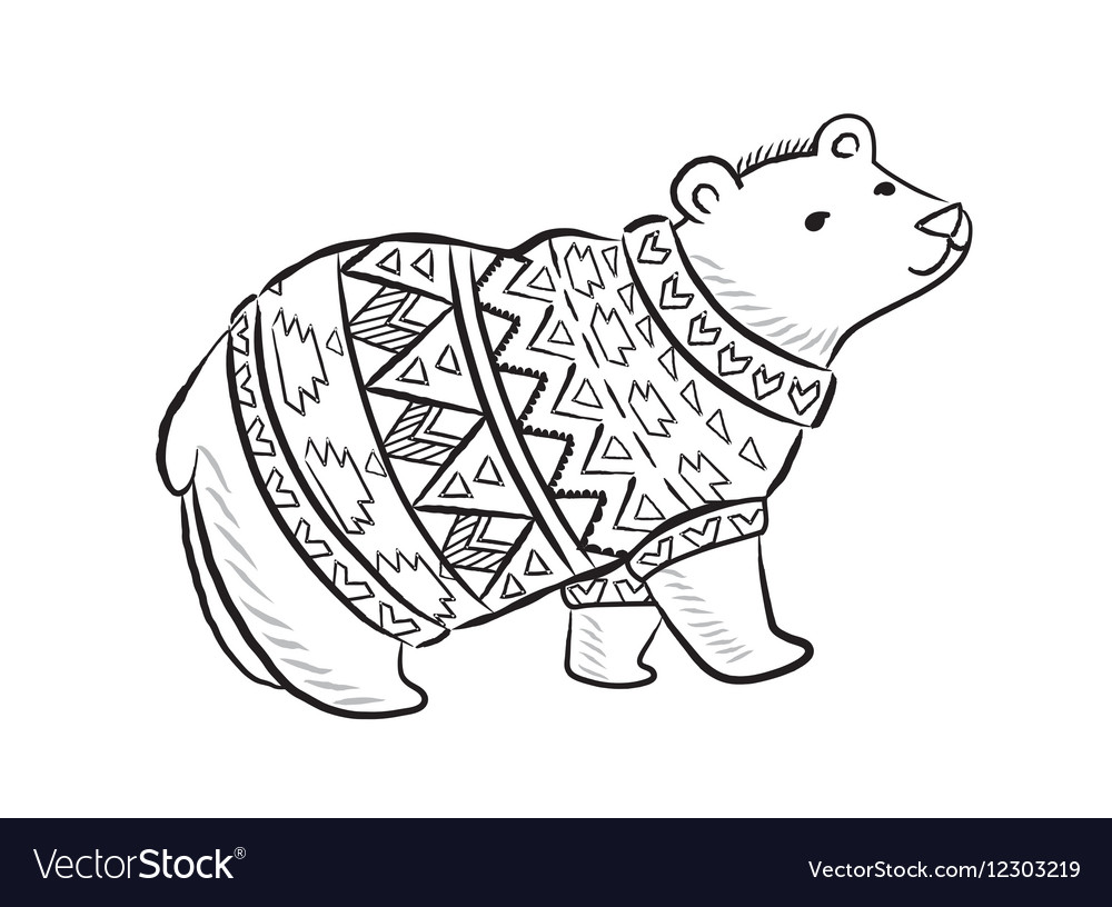 Hand drawn outline print with polar bear in winter