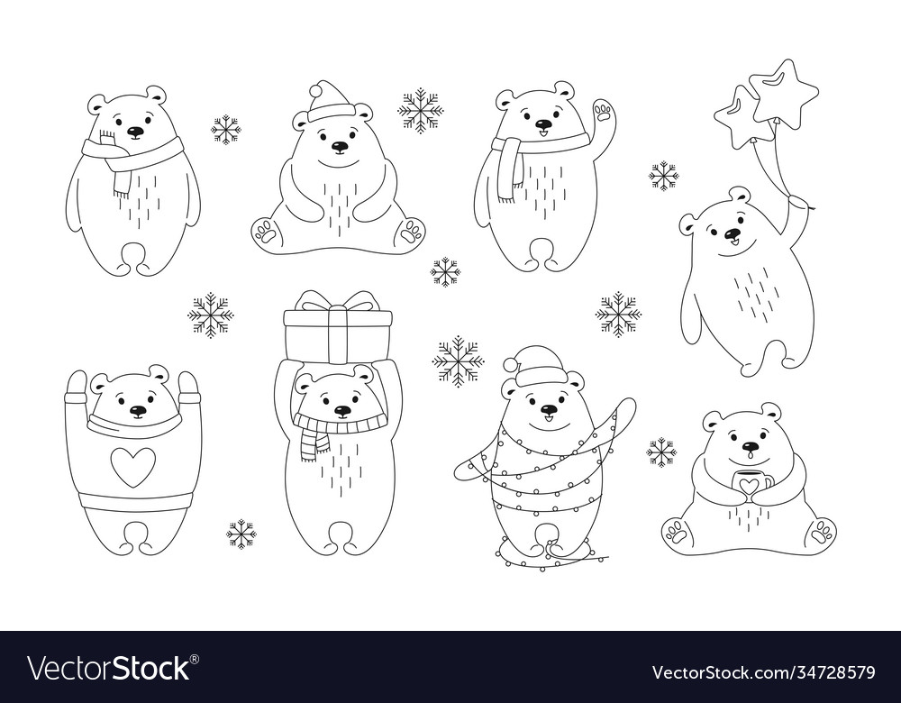 Christmas polar bear cartoon black outline set vector image