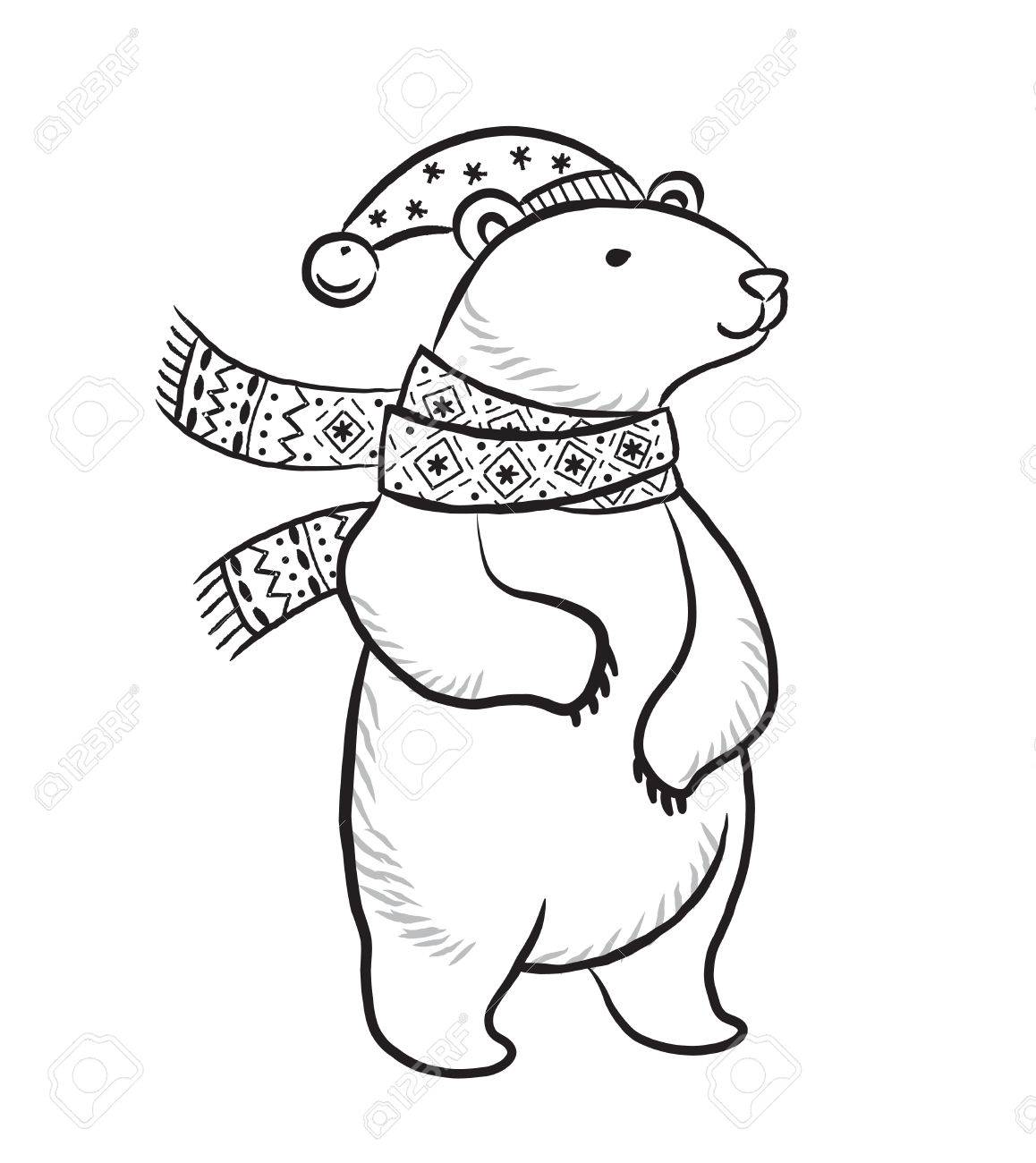 Hand drawn outline print with polar bear in winter scarf and hat royalty free svg cliparts vectors and stock illustration image