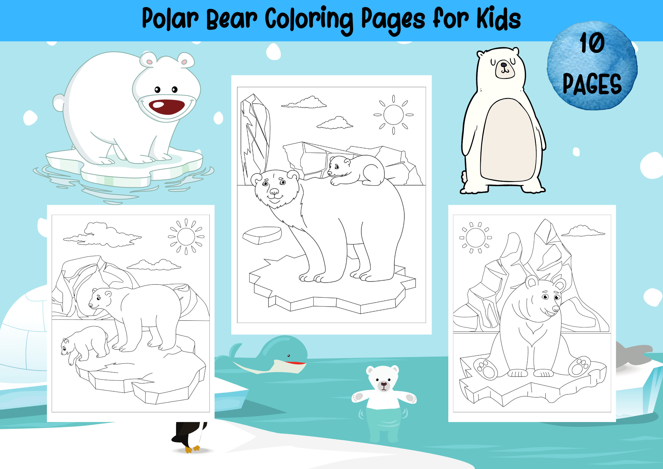 Polar bear coloring pages for kids boys and girls printable pages cute polar bears digital coloring book