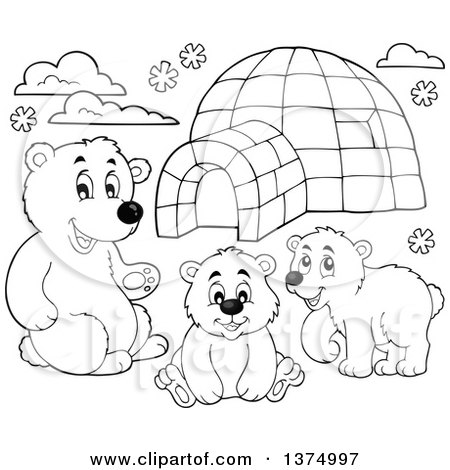 Clipart of black and white polar bears by an igloo