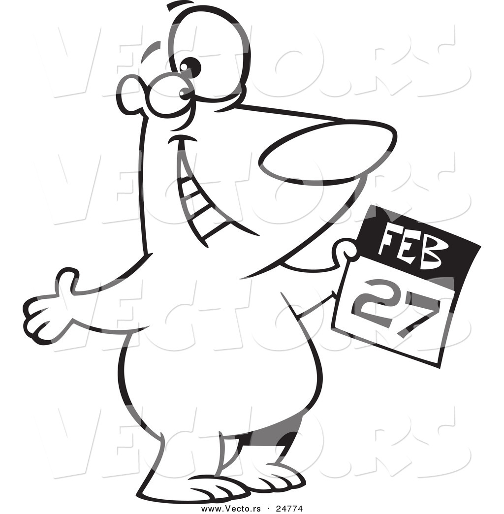 R of a cartoon black and white outline polar bear holding a february calendar for polar bear day