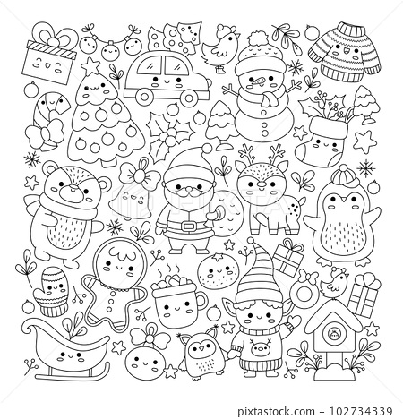 Vector christmas square line coloring page for