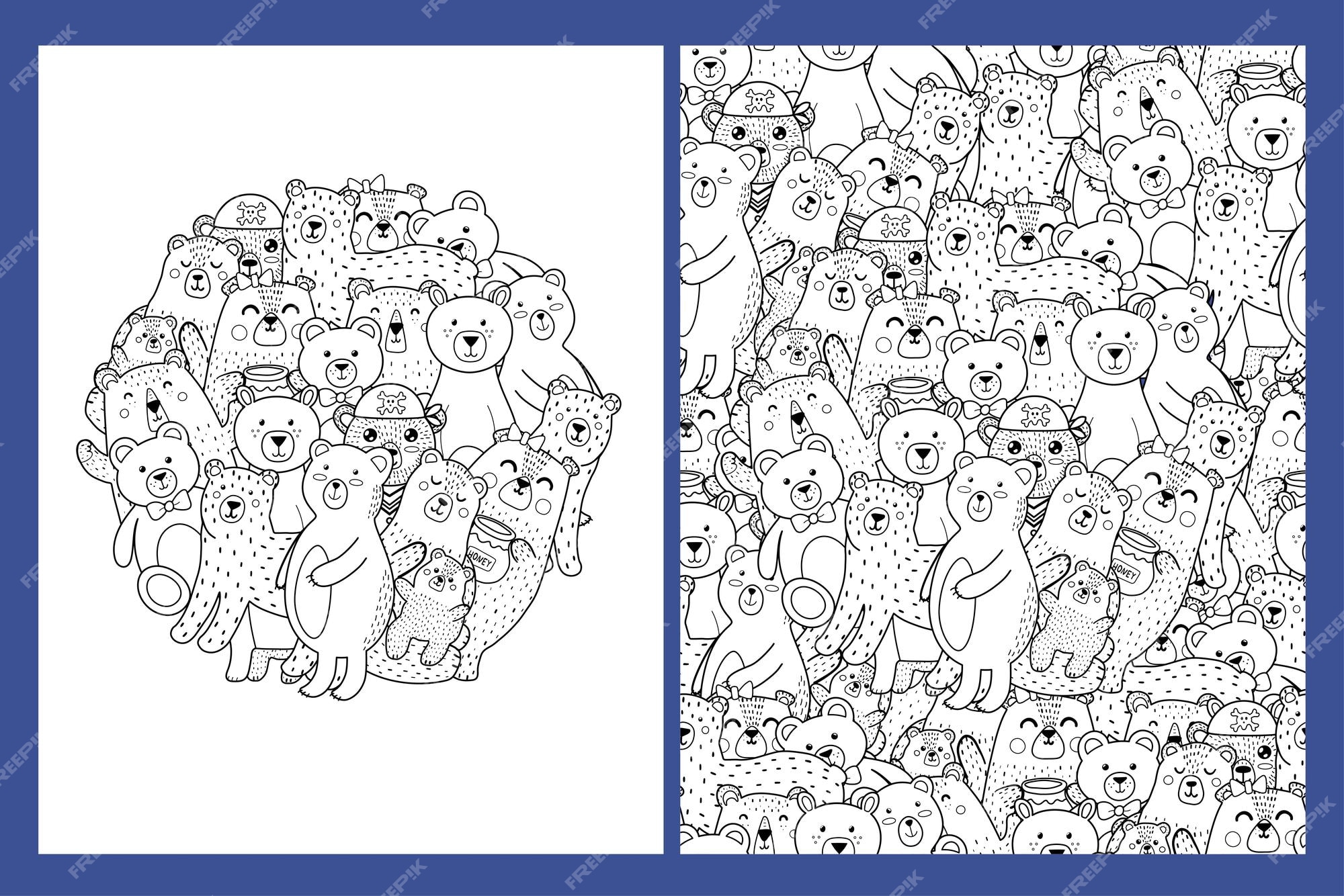 Premium vector coloring pages set with cute bears doodle forest animals templates for coloring book