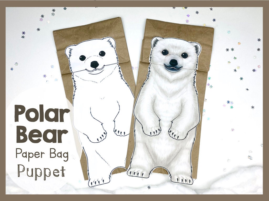Polar bear paper bag puppet printable craft template instant download