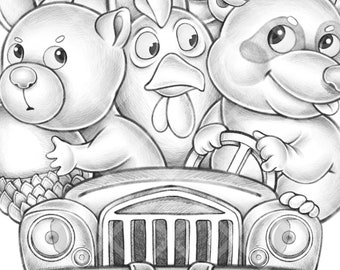 Carpool coloring pages for adults and kids digital stamp animals illustration weasel squirrel dog crocodile pdf instant download