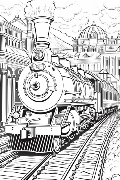 Premium ai image a coloring page of a train traveling down the tracks in front of a building generative ai