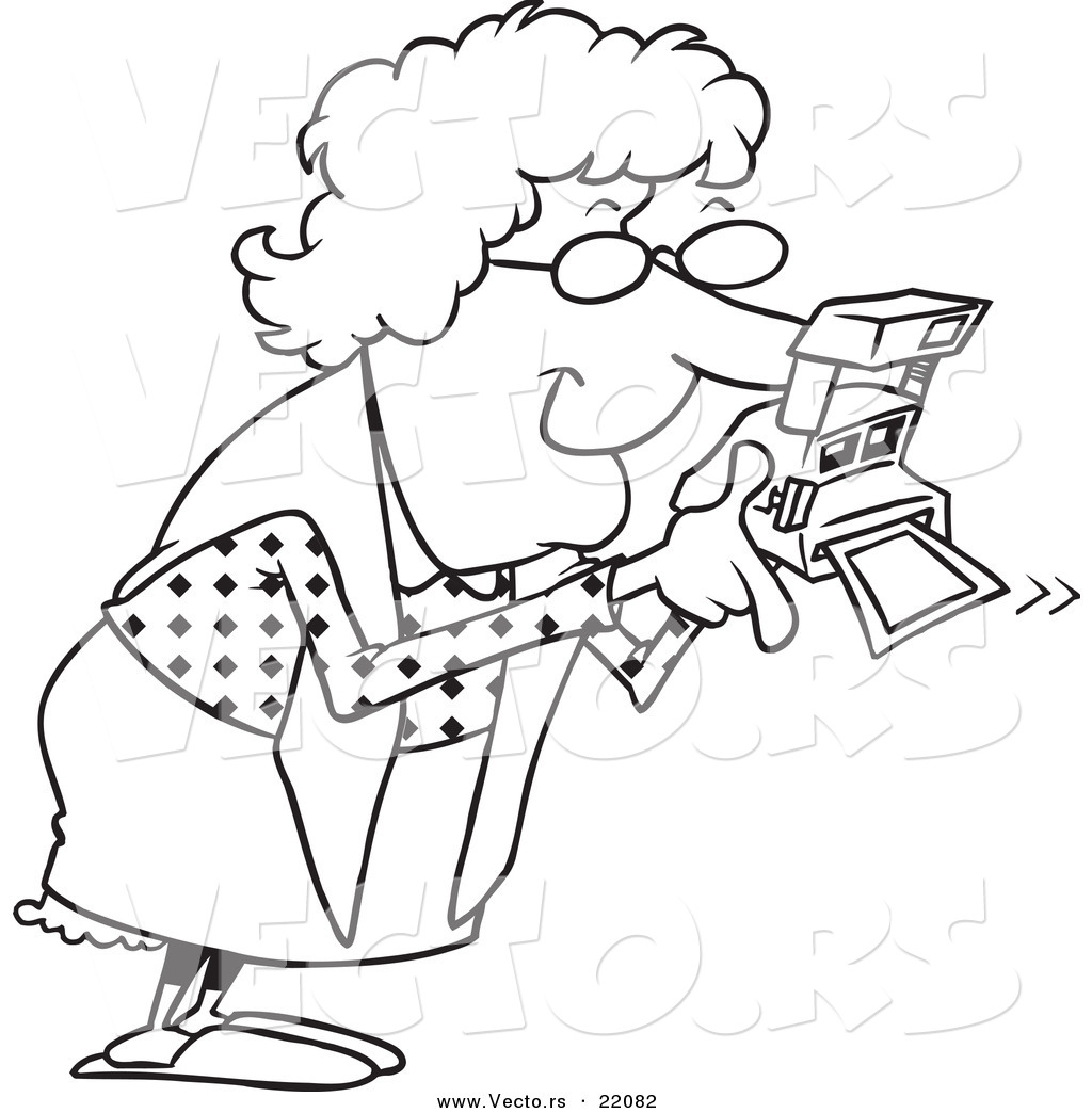 R of a cartoon granny using a polaroid camera