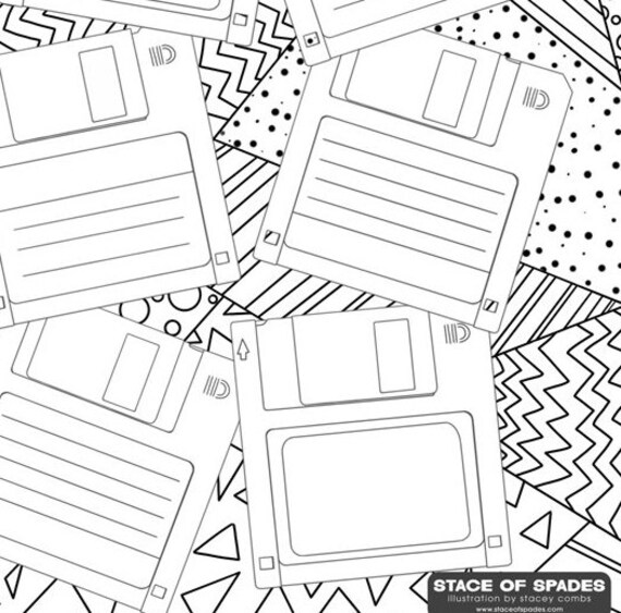 Floppy disc coloring page fun patterns digital download print at home cute retro pages s s puter vintage printable file