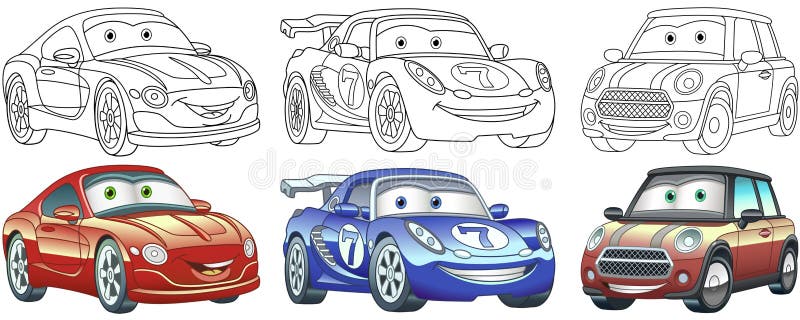 Cartoon cars coloring pages set stock vector